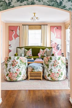 “My house is my own movie set.” New Home Buyer, Green Velvet Sofa, Italian Home, Southern Home, Cottage Design, Dining Room Bar, Pink Walls, Southern Living, Living Room Wall