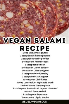 vegan salami recipe with text overlay