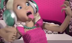 a cartoon character with headphones on talking to someone in a pink dress and holding her hand out