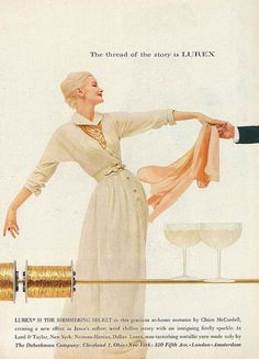 lurex ad, Claire McCardell Early 60s Fashion, Bonnie Cashin, Metallic Yarn, Casual Sportswear, Fashion Advertising, Vintage Vogue