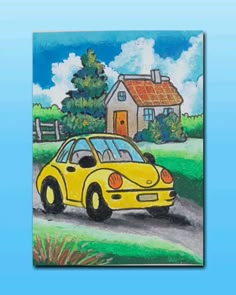 a drawing of a yellow car driving down a road in front of a small house