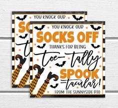 two halloween greeting cards with the words, you knock our socks off