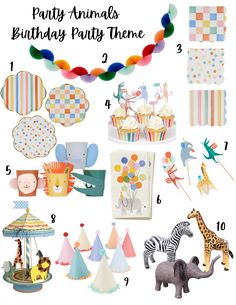 an animal themed birthday party theme with cupcakes, cake and other items on it