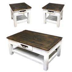 a table with two stools and a coffee table on one side that has an open drawer in the middle