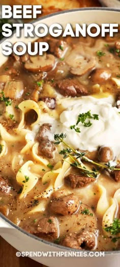 beef stroganonoff soup in a white bowl with sour cream on top