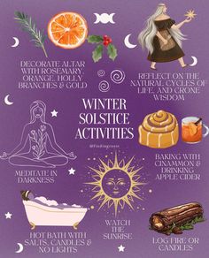 the winter solstice activities for kids and adults are shown on a purple background