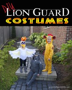 the lion guard costume is on display in front of a brick walkway with two children dressed as