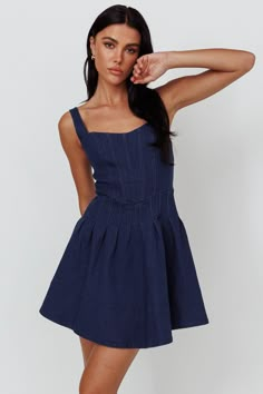 Talisa Pintuck Pleat Waist Mini Dress Dark Blue Dark Blue Dress Casual, Navy Blue Outfits, Dark Blue Mini Dresses, Navy Blue Dress Casual, Dark Blue Dress, Denim Mini, Denim Maxi Dress, Yellow Bridesmaids, Darling Dress