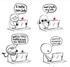 four cartoon images with different types of people working on laptops and talking to each other