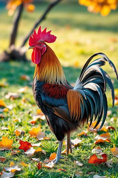 a rooster is standing in the grass with leaves on it's ground and looking at the camera