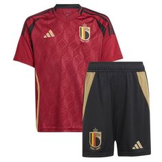 a red and black soccer uniform with shorts