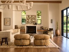 a living room filled with furniture and a fire place in the middle of a room