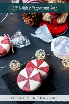 A festive DIY peppermint soap with swirls of red and white, perfect for holiday gifting and adding a seasonal touch. Peppermint Soap, Soap Gifts, Peppermint Candy Cane, Peppermint Christmas, Holiday Crafts For Kids, Handmade Beauty Products, Peppermint Candy, Soap Recipes, Diy Soap