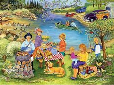 a group of people sitting around a table with food and drinks in front of a lake