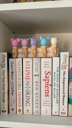 a row of books on top of a white book shelf filled with lots of books