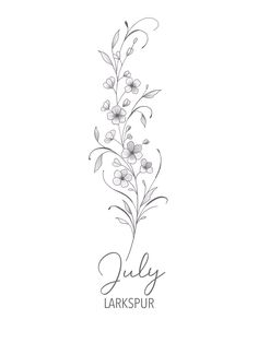 July larkspur birth month flower tattoo art. #art #aesthetic #lineart #linework #linetattoo #finelinetattoo #fineline #minimalist #july #larkspur #birthmonthflower #birthmonthflowertattoo #birthday #wallartdecor #wallartprints #drawing #sketch #pencil #tattoo #floral #bouquet July Tattoos Birth Month, Larkspur Flower Sketch, July And May Birth Flower Tattoo, Larkspur Arm Tattoo, Larkspur Flower Bouquet Tattoo, Larkspur Minimalist Tattoo, Number And Flower Tattoo, Larkspur Birth Flower Tattoo, July Birthday Flower Tattoo