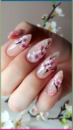 Cherry Blossom Nails Art, Nail Art Simple, Pastel Nail Art, Nails Care, Cherry Blossom Nails, Simple Spring Nails, Easter Nail Designs, Easter Nail Art