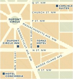 a map with the names of hotels and streets