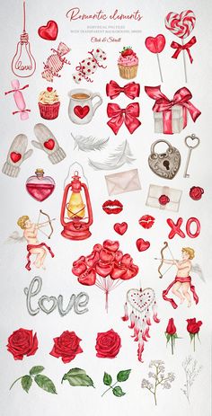 an illustration of valentine's day decorations and gifts for someone who is in love