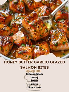 the flyer for honey butter garlic glazed salmon bites is shown with a spoon in it