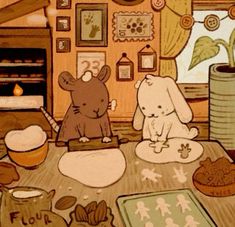 two rabbits sitting at a table with food on the floor and in front of them