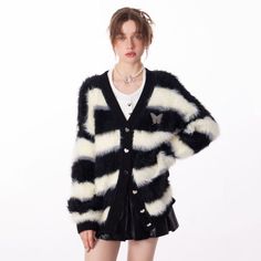 Striped Fuzzy Butterfly Cardigan - S / Black/white Cardigan Sweater Coat, Wrap Cardigan, Black & White, Knit Sweater Cardigan, Sweater Coats, Black Cardigan, Black Coat, Knit Cardigan, Sweater Cardigan