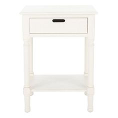 a white nightstand table with two drawers on one side and an open drawer on the other