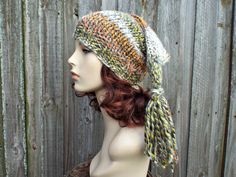 "Style: Chunky adult sized elf hat. Color: This sample hat is shown in Coney Island - stripes of green, orange, yellow, cream. Sizes: One size fits average teen or adult head size of 20\" to 23\" (50.5 cm to 58 cm). Fiber Content: 80% acrylic, 20% Wool Characteristics: Whimsical, chunky, very soft, warm and cozy. Care Instructions: Hand wash, dry flat. Every item from Pixiebell is handmade and knit or crocheted to order, unless otherwise stated in title of the item as \"ready to ship\". Producti Fall Fashion Accessories, Girlfriends Day, Chunky Hat, Lion Brand Wool Ease, Chunky Knit Hat, Gnome Hat, Mens Hat, Pixie Hat, Handmade Knitwear