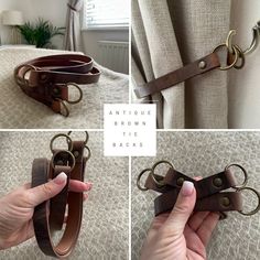 the instructions for how to make an antique brown leather belt with metal buckles and brass hardware