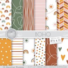 a set of six digital papers with different patterns and colors, including rainbows, hearts,