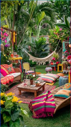 an outdoor living room is decorated in bright colors