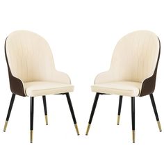 two chairs with black legs and beige upholstered backrests, one in white leather