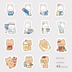 various stickers with teddy bears and other things on them, all in different colors