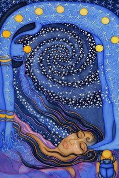 a painting of a woman laying down with her eyes closed and stars in the sky