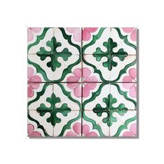 four tiles with green and pink designs on them