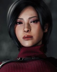 a woman with short black hair wearing a red turtle neck sweater and choker necklace