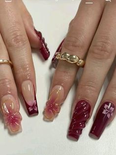 Burgundy Nail Inspo Acrylic, Kali Uchis Nails Inspired, Sade Aesthetic Nails, Red And Purple Nails, Red Nail Inspo, Edgy Nails, Grunge Nails, Summery Nails