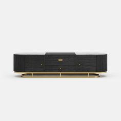 the black and gold sideboard with two drawers on each side, is shown in front of a white background