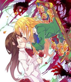 two anime characters are kissing in front of an artistic background with roses and leaves on it