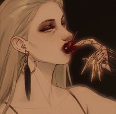 a drawing of a woman with long white hair holding a cherry in her mouth