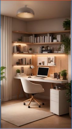 a home office with a laptop on the desk