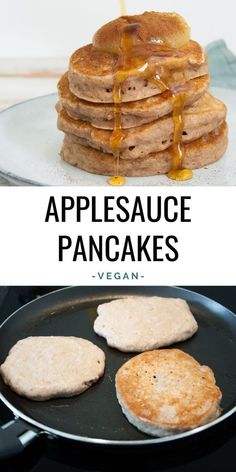 pancakes being cooked in a pan with syrup on top and the words, applesauce pancakes