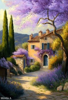 a painting of a house and trees with purple flowers