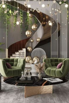 a living room filled with furniture next to a spiral staircase