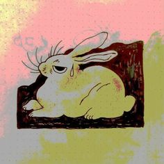 a drawing of a white rabbit sitting on top of a wooden shelf with pink and yellow background