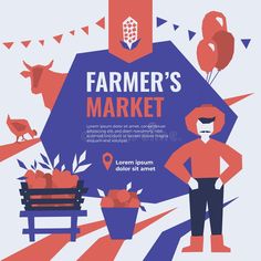 a farmer's market poster with an image of a man standing in front of a bench