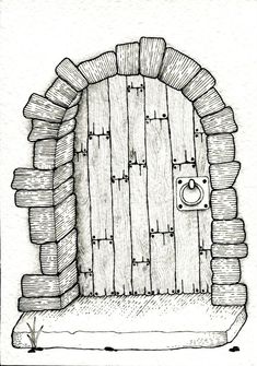 a drawing of an open wooden door