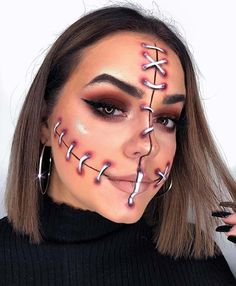 Easy Diy Halloween Makeup, Halloween Makeup Diy Easy, Pelottava Halloween, Maquillage Halloween Simple, Stitches Makeup, Diy Halloween Makeup