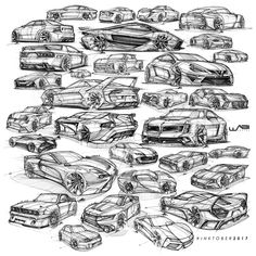 a bunch of cars that are drawn by hand in pencil and ink, all with different angles