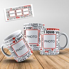 two coffee mugs sitting on top of a wooden table